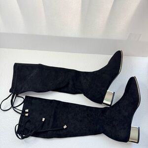 Womens US Size 7.5 Boots C. Paravano Black Suede Knee Boots Golden Heel